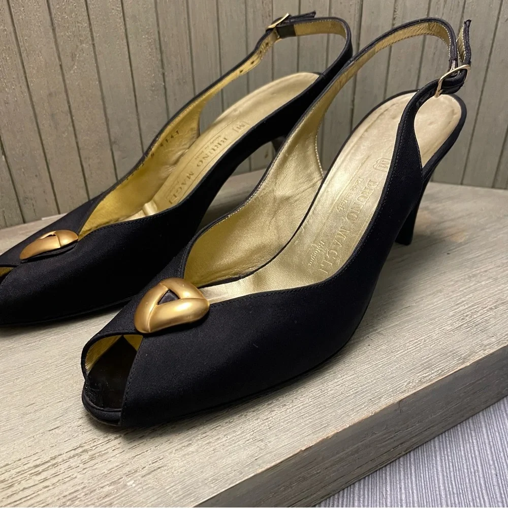 Bruno Magli Black Fabric with Gold Open Tor Slingback Heels Made in Italy 6.5B - Picture 3 of 13